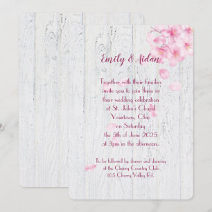 Rosa Kirschblüten auf Holzhochzeit Einladung