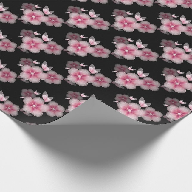 Rosa Kirschblüten auf schwarz Geschenkpapier (Ecke)