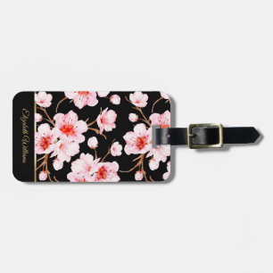 Rosa Kirschblüten Blumen Schwarz Anpassbar  Gepäckanhänger