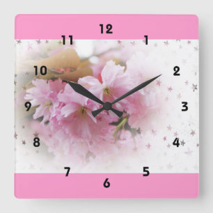 rosa Kirschblüten. Florale Foto Kunst. Quadratische Wanduhr