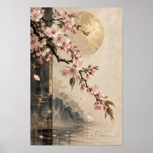 Rosa Kirschblüten-Goldmond-Wandkunst Poster