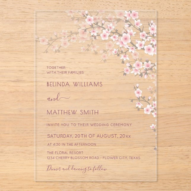 Rosa Kirschblüten-Hochzeit Acryleinladungen (Vorderseite)