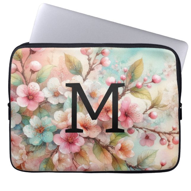 Rosa Kirschblüten in Monogramm Laptopschutzhülle (Vorderseite)