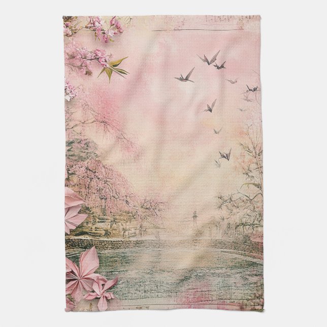 Rosa Kirschblüten-Landschaft Serenity (8) Geschirrtuch (Vertikal)