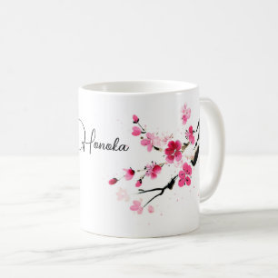 Rosa Kirschblüten mit einem Schriftzug Kaffeetasse