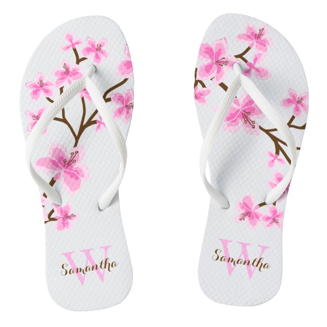 Rosa Kirschblüten Mit Monogramm Flip Flops (Fußbett)