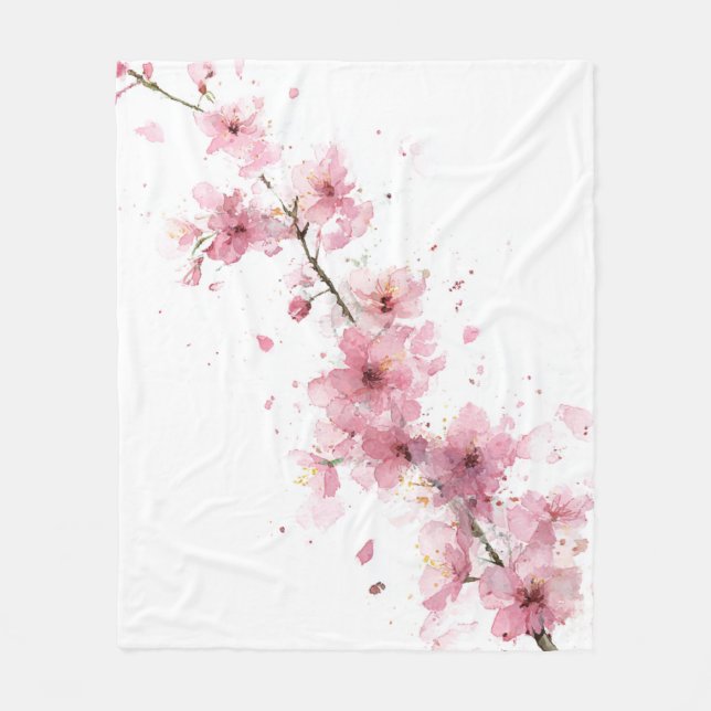 Rosa Kirschblüten-Sakura-Aquarell-Blumen-Boho Fleecedecke (Vorderseite)