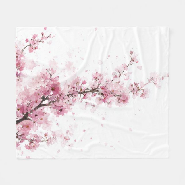 Rosa Kirschblüten-Sakura-Aquarell-Blumen-Boho Fleecedecke (Vorderseite (Horizontal))