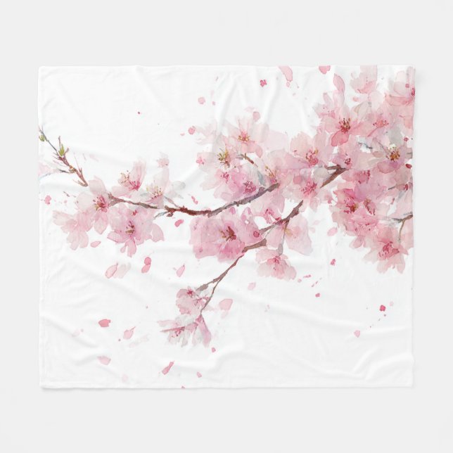 Rosa Kirschblüten-Sakura-Aquarell-Blumen-Boho Fleecedecke (Vorderseite (Horizontal))