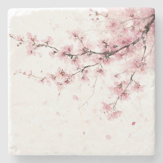 Rosa Kirschblüten-Sakura-Aquarell-Blumen-Boho Steinuntersetzer (Vorderseite)