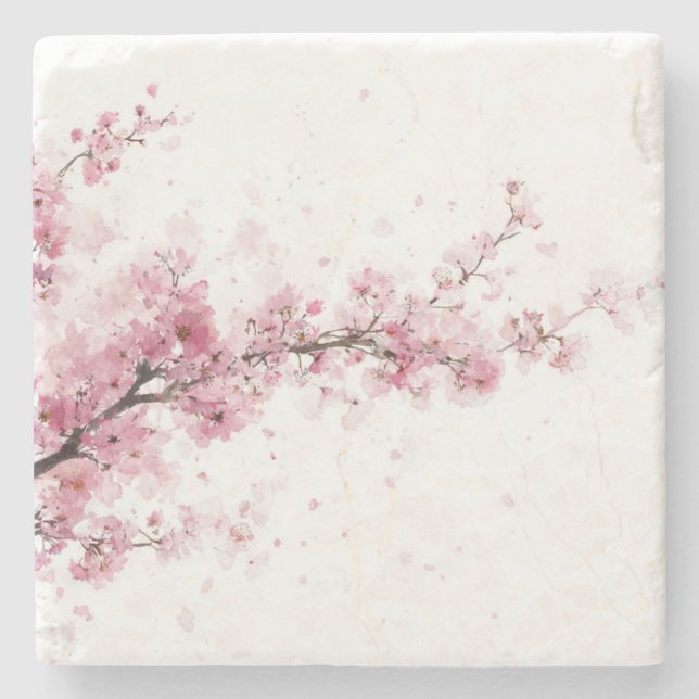 Rosa Kirschblüten-Sakura-Aquarell-Blumen-Boho Steinuntersetzer (Vorderseite)