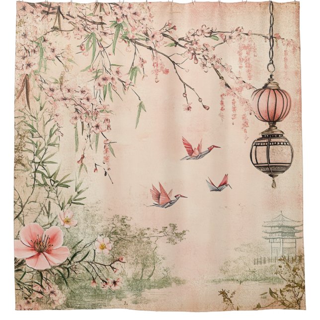 Rosa Kirschblüten-Serenitätslandschaft (7) Duschvorhang (Vorderseite)