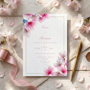 Rosa Kirschblüten Strukturiertes Papier Goldrahmen Einladung