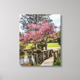Rosa Kirschblüten und hölzerne Fußgängerbrücke Leinwanddruck