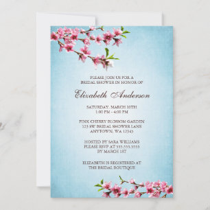 Rosa Kirschblüten Vintage Blaue Hochzeitsdusche Einladung