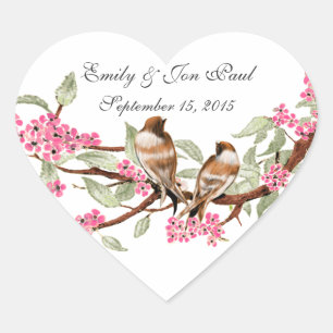 Rosa Kirschblüten-Vintage-Vögel-Hochzeitsaufkleber Herz-Aufkleber