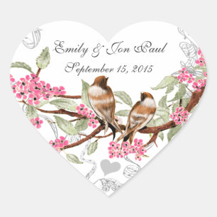 Rosa Kirschblüten-Vintage-Vögel-Hochzeitsaufkleber Herz-Aufkleber