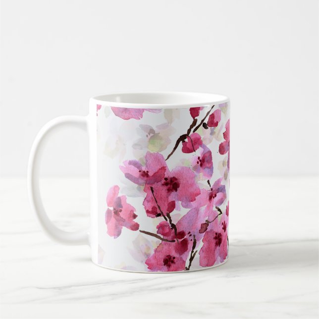 Rosa Kirsche blüht Wasserfarbe Nahtlos. Kaffeetasse (Links)