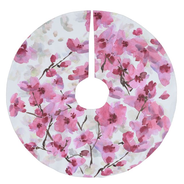 Rosa Kirsche blüht Wasserfarbe Nahtlos. Polyester Weihnachtsbaumdecke (Vorderseite)