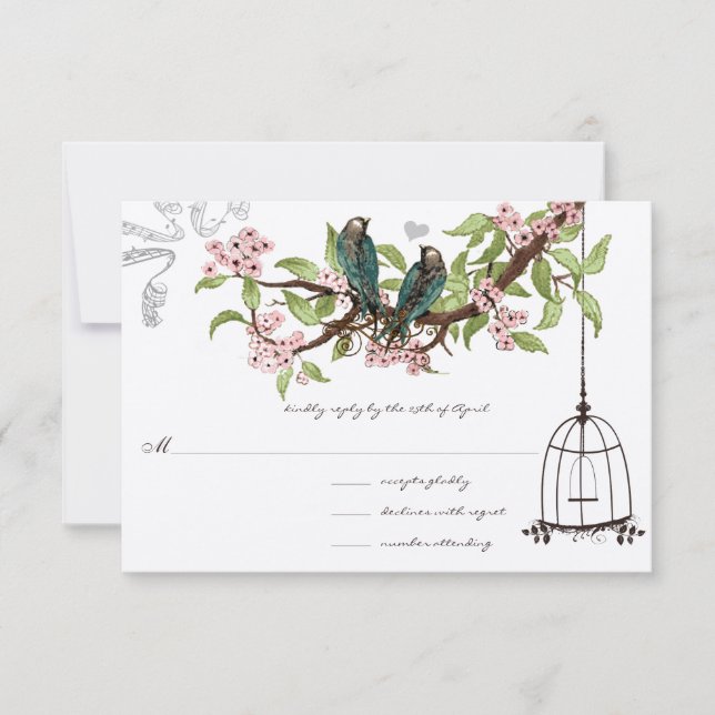 Rosa Kirsche Blüten Aquamarine Vögel Birdcage UAWG RSVP Karte (Vorderseite)