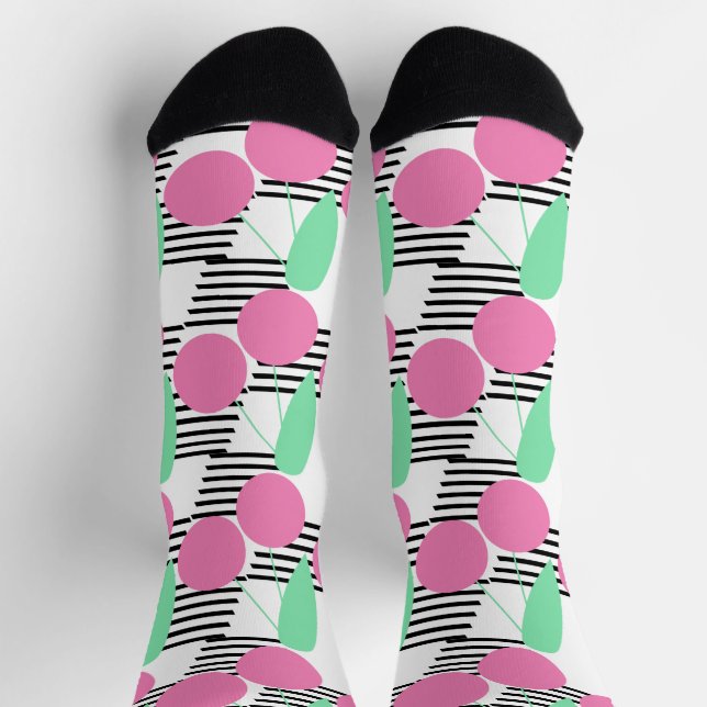 Rosa Kirschen Streifen schwarz rosa Socken (Oben)