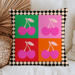 Rosa Kirschfrüchte auf kariertem Muster Pop Art Kissen