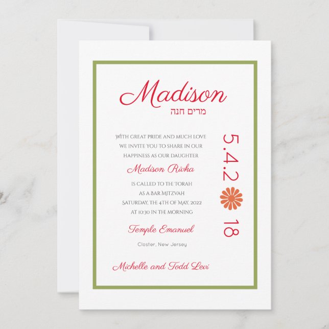 Rosa Kiwi und Orange Blume Bat Mitzvah Einladung (Vorderseite)