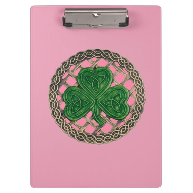 Rosa Kleeblatt auf keltischen Knochen Zwischenabla Klemmbrett (Vorderseite)