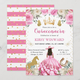 Rosa Kleid Brünette Western Prinzessin Quinceanera Einladung