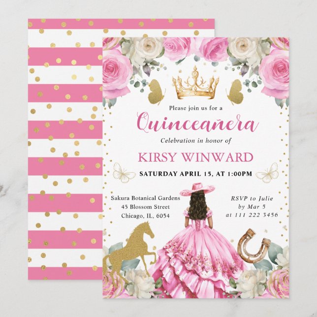 Rosa Kleid Brünetter Western Princess Quinceanera Einladung (Vorne/Hinten)