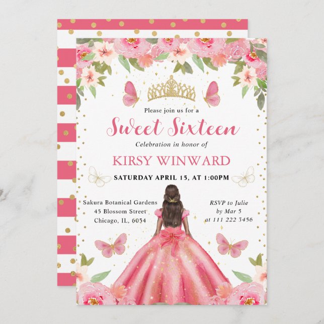 Rosa Kleid Dunkle Hautdruckerin Sweet 16 Einladung (Vorne/Hinten)