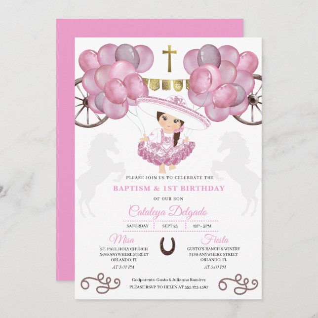 Rosa Kleid Gold Baby Charra Balloons Taufe Einladung (Vorne/Hinten)