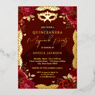 Rosa Kleid Maskenballparty Rot Gold Quinceanera  Folieneinladung