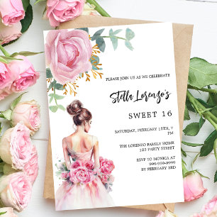 Rosa Kleid Rose Blumenstrauß Sweet 16 Luxus Einladung