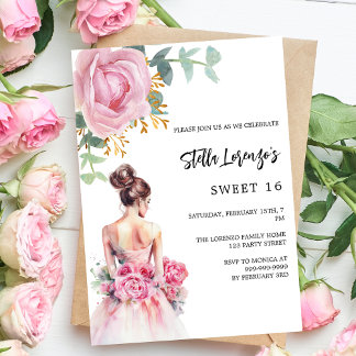 Rosa Kleid Rose Blumenstrauß Sweet 16 Luxus Einladung
