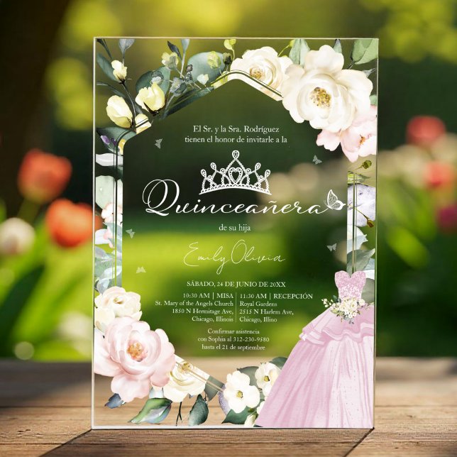 Rosa Kleid Schmetterling Floral Quinceañera spanis Acryleinladungen (Von Creator hochgeladen)
