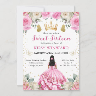 Rosa Kleid schwarze Haare  Prinzessin Sweet 16 Einladung