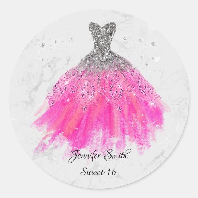 Rosa Kleid Silber Glitzer 16 . Geburtstag Runder Aufkleber (Vorderseite)
