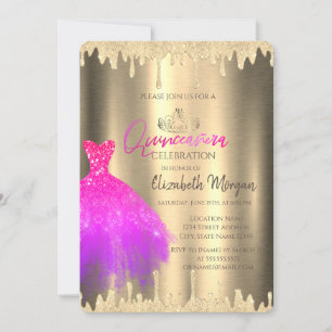 Rosa Kleid, Tiara, Glittertränen Gold Quinceañera Einladung