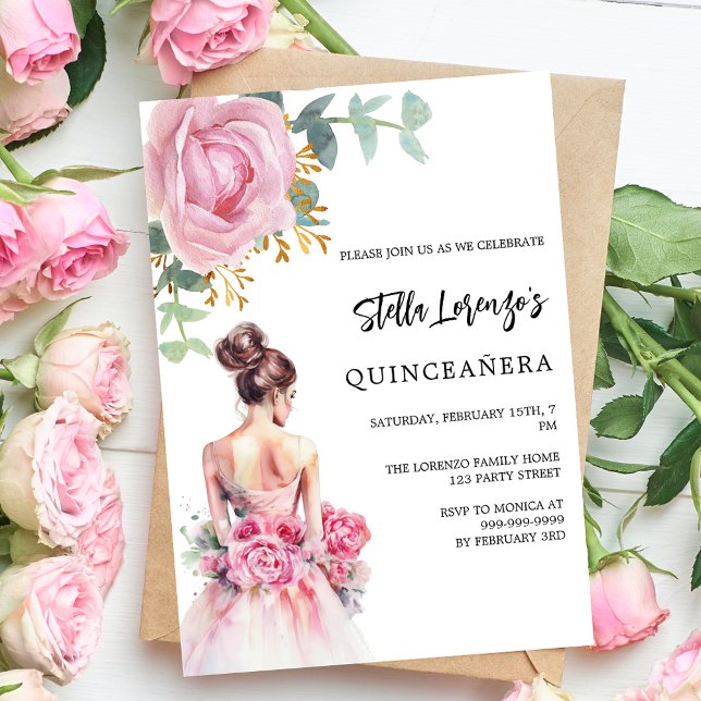 Rosa Kleidung Rose Blumen Quinceanera Luxus Einladung (Von Creator hochgeladen)