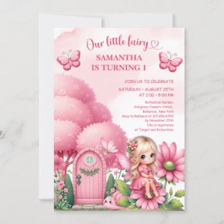 Rosa kleine Fee sitzend auf Blume Mädchen Geburtst Einladung
