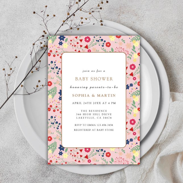 Rosa kleine Wildblume mit Dusche und WC. Einladung (Pink Colorful Little Wildflower Frame Baby Shower Invitation)