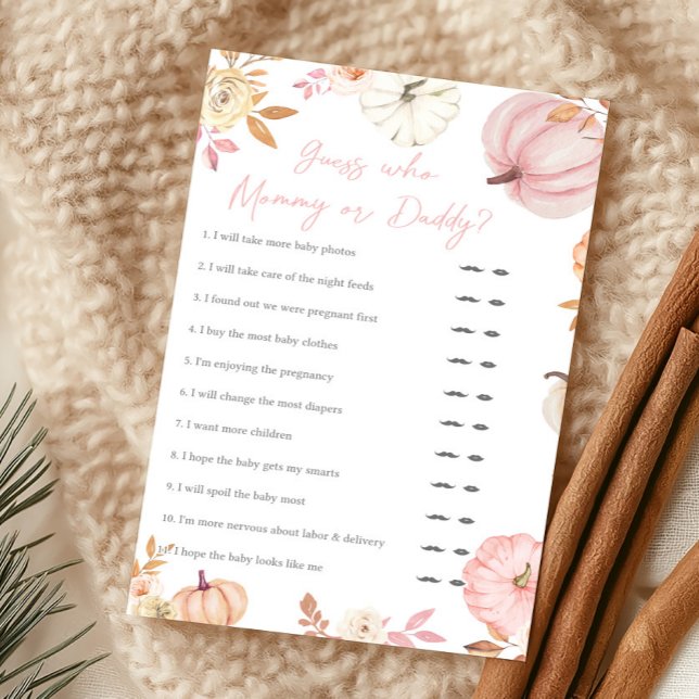 Rosa Kleiner Kürbis Herbst Errate Wer Mami oder Pa (Girl Little Pumpkin Fall Baby Shower Guess Who Mommy or Daddy Game)