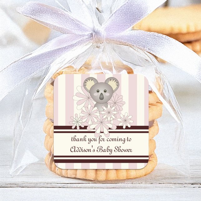 Rosa Koala Kinder Gastgeschenk / Girl Baby Dusche Quadratischer Aufkleber (Von Creator hochgeladen)