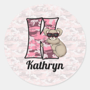 Rosa Koala Monogram Buchstabe K mit Name Runder Aufkleber