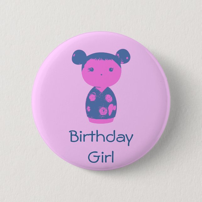 Rosa Kokeshi Blau-Knopf Button (Vorderseite)