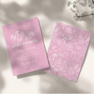 Rosa Kokett Moderne, handgezogene Babydusche Einladung