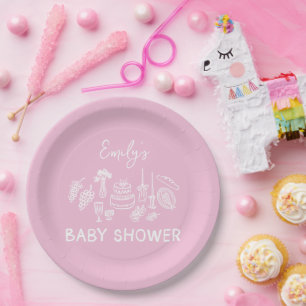 Rosa Kokett Moderne, handgezogene Babydusche Pappteller
