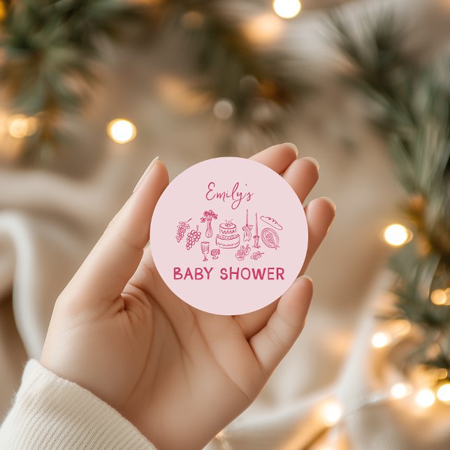 Rosa Kokett Moderne, handgezogene Babydusche Runder Aufkleber (Von Creator hochgeladen)