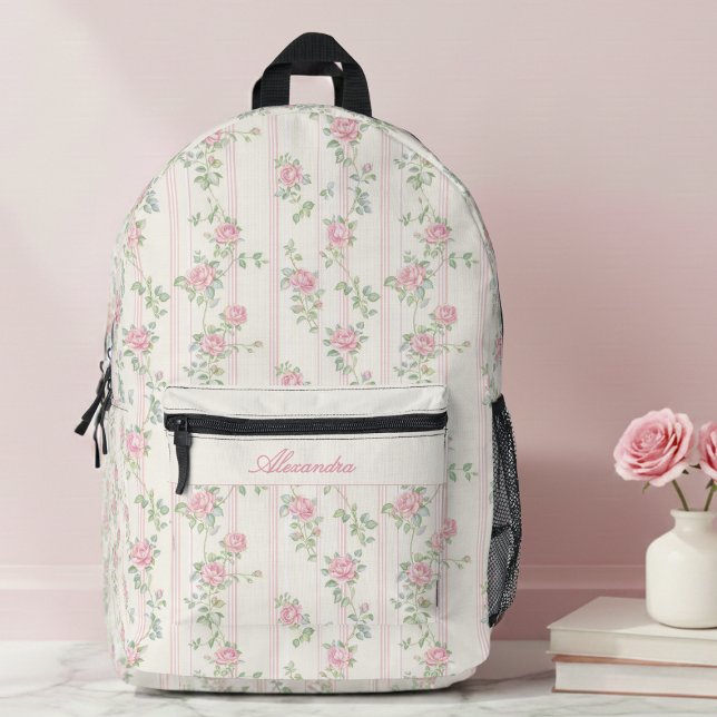 Rosa Kokette Blumen Bedruckter Rucksack (cute pink coquette roses floral backpack for girls with custom monogram name in calligraphy script)